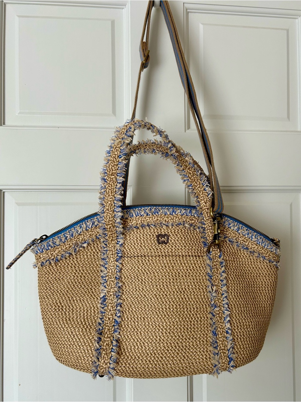Eric Javits Natural Straw Tote with Blue Trim